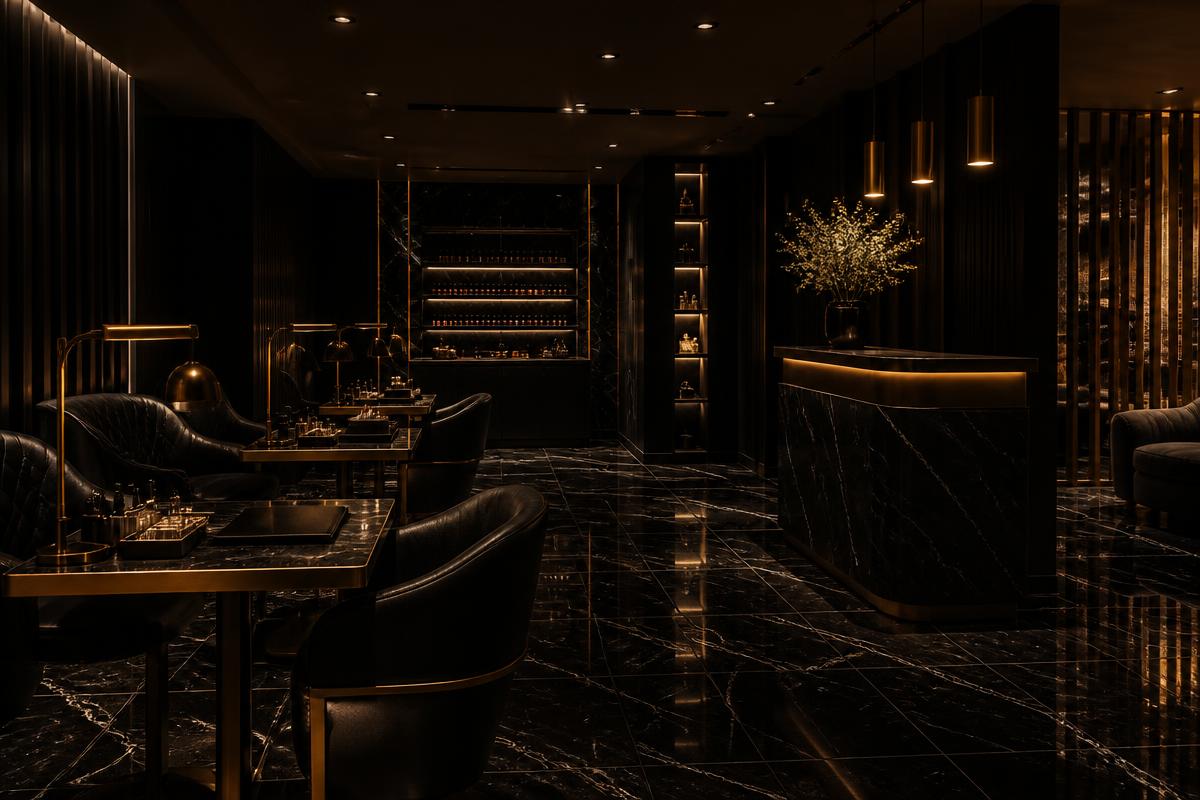 Interior of a luxury nail and beauty studio, dark and premium