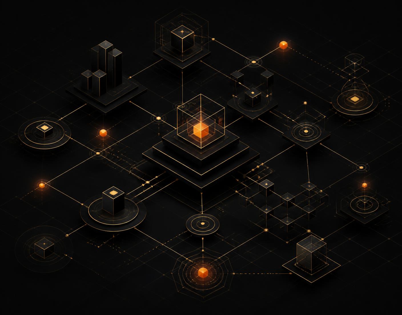 Abstract diagram of a connected business growth ecosystem linking strategy, marketing, leads, CRM, automation, customers and growth